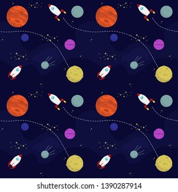 seamless flat vector space pattern with planets and spaceships traveling in universe