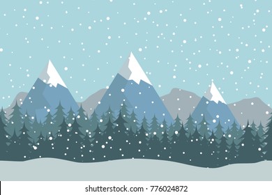 Seamless flat winter vector landscape with silhouettes of trees and mountains.