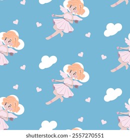 Seamless flat-style pattern featuring cute cupids with wings, heart-shaped arrows, and clouds. Perfect for Valentine's Day designs, wrapping paper, stationery, and festive decorations.