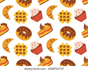 Seamless flat-style pattern featuring a delightful assortment of baked goods like donuts, cupcakes, waffles, and croissants. Perfect for product packaging, textiles, and cozy, sweet-themed designs.