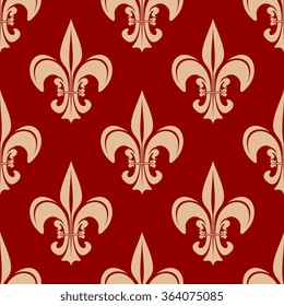 Seamless fleur-de-lis floral pattern with victorian royal beige lilies on red background. May be used as wallpaper,  interior or textile design