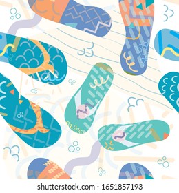Seamless flip flop shoe vector pattern background. Modern hand drawn Memphis design sandals on beach backdrop. Funky tropical illustration all over print for hot summer vacation resort concept