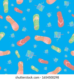 Seamless flip flop shoe vector pattern background. Modern Memphis style sandals on ocean blue backdrop. Funky hot summer beach illustration all over print for vacation resort concept.