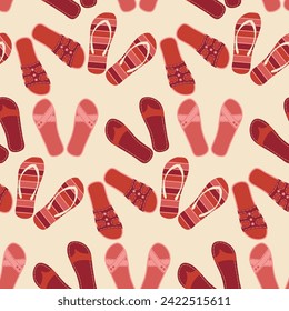 seamless flip flops pattern. color summer backdrop. Red repeat background. Cartoon flat illustration