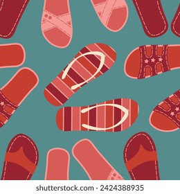 seamless flip flops pattern. color summer backdrop. repeat background. Cartoon flat illustration.
