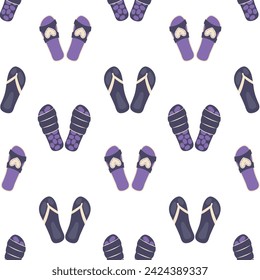 seamless flip flops pattern. color summer backdrop. Purple repeat background. Cartoon flat illustration.