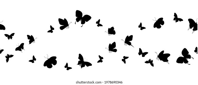 Seamless flock of silhouette black butterflies on white background. Vector