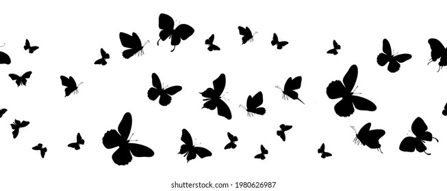 Seamless flock of silhouette black butterflies on white background. Vector