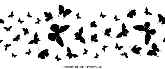 Seamless flock of silhouette black butterflies on white background. Vector