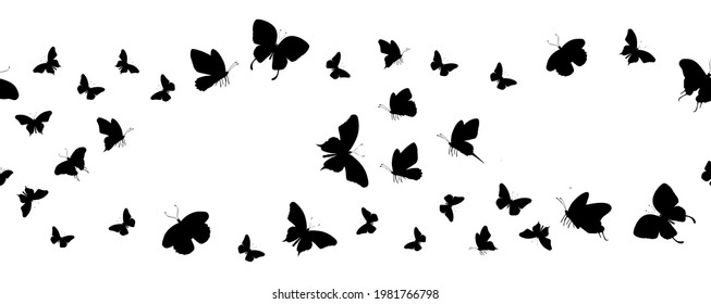 Seamless flock of silhouette black butterflies on white background. Vector