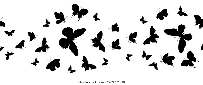 Seamless flock of silhouette black butterflies on white background. Vector