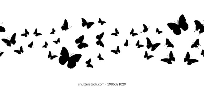 Seamless flock of silhouette black butterflies on white background. Vector