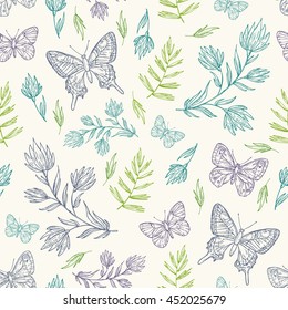 Seamless with flora and butterfly. hand drawn