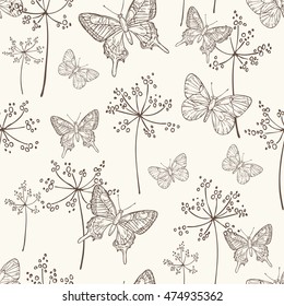 Seamless with flora and butterfly. hand drawn