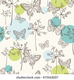 Seamless with flora and butterfly. hand drawn