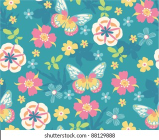 seamless flora with butterfly on blue background