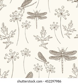 Seamless with flora and dragonfly. hand drawn