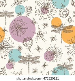 Seamless with flora and dragonfly. hand drawn