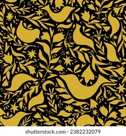 Seamless flora pattern with leaves, stars and birds. New years and Christmas pattern. Gold and black floral rapport. Folk art. Vector background with floral ornaments, stars and birds illustrations.