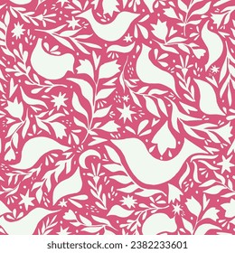 Seamless flora pattern with leaves, stars and birds. Linocut floral rapport. Folk art. Vector background perfect for New years and Christmas packaging and wrapping paper.