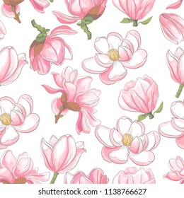 Seamless flora pattern with magnolia flowers and leaves on white background. Vector illustration