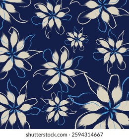 A seamless floral abstract background featuring hand-drawn white flowers outlined in blue on a deep navy backdrop. The design exudes elegance and artistic charm, perfect for textile prints.