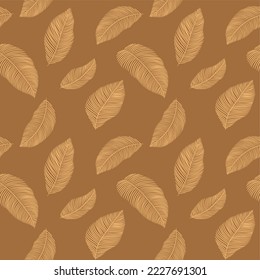 Seamless floral abstract background with  leaves drawn by thin lines. Brown background with orange leaves, monochrome.Vector floral  pattern