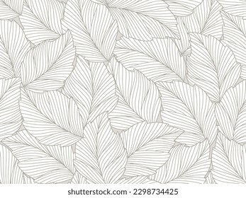 Seamless floral abstract background with  leaves drawn by thin lines. Grey  background with white leaves, monochrome.Vector floral  pattern