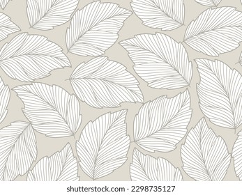 Seamless floral abstract background with  leaves drawn by thin lines. Grey  background with white leaves, monochrome.Vector floral  pattern