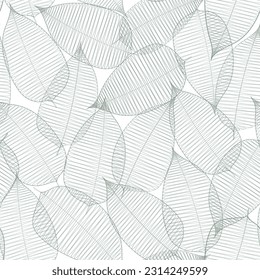 Seamless floral abstract background with  leaves drawn by thin lines. Grey  background with white leaves, monochrome.Vector floral  pattern