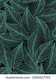 Seamless floral abstract background with  leaves drawn by thin lines. Black background with green leaves. Vector floral  pattern