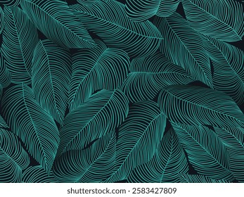 Seamless floral abstract background with  leaves drawn by thin lines. Black background with green and blue leaves. Vector floral  pattern