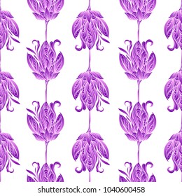 Seamless floral abstract pattern. Colorful ornamental print composed of pink purple flowers on white background.