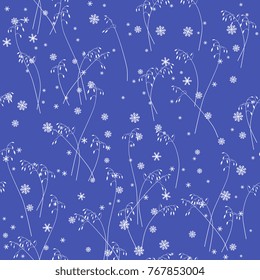 Seamless floral abstract pattern with delicate silhouettes of wild herbs and snowflakes.