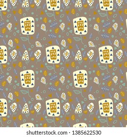 Seamless floral abstract pattern different geometrical flowers and leave on brown background. 