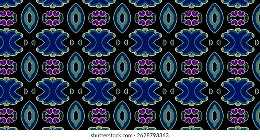Seamless floral abstract pattern featuring rich navy blue, purple, and olive green on a black background.