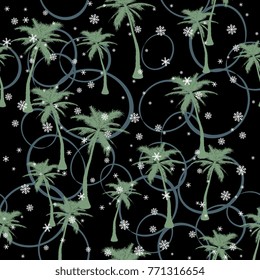 Seamless floral abstract pattern with palm trees under snowflakes. Funny motif for Christmas in tropical land.