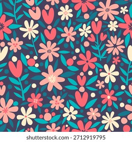 Seamless floral abstract pattern with pastel pink, yellow and red flowers with green leaves and stems on purple background. Could be used as wallpaper, texture, print, fabric. 