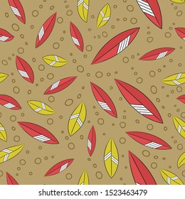 Seamless floral abstract pattern of red-orange and yellow with white stripes of leaves, green-brown circles and background. Great for decorating fabrics, gift wrapping, printed materials, advertising.