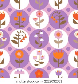 Seamless floral abstract pattern in retro style. Modern Hippie geometric background. Vintage 60s vector groovy design.