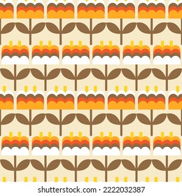 Seamless floral abstract pattern in retro style. Modern Hippie geometric background. Vintage 70s vector groovy design.
