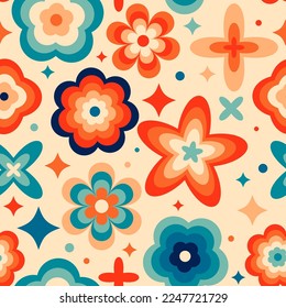 Seamless floral abstract pattern in retro style. Modern Hippie geometric background. Vintage 70s vector groovy design.