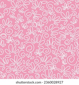 Seamless floral abstract pattern with white outline on pink background. Could be used as print, wrapping, wallpaper.