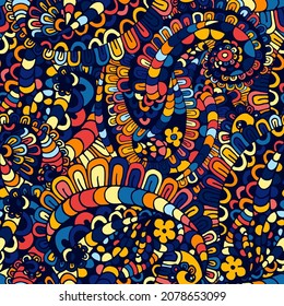 Seamless floral abstract wave ornaments, hand drawn vector illustration made of simple doodles. Bright tangled texture in boho style. Patchwork quilt pattern 