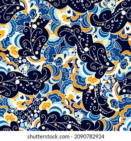 Seamless floral abstract wave ornaments, hand drawn vector illustration made of simple doodles. Seamless pattern, tangled texture boho style