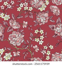 Seamless floral, aesthetic, abstract, flowers pattern, peony, Hand drawn, red, endless, all over print to use textile, fabric, clothing, backdrop, wallpaper, home textile, clothing, fashion