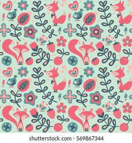 Patrón animal floral sin fisuras hecho con flor, zorro, pájaro, cereza, lindo, divertido, corazón, amigo, salvaje, bosque
