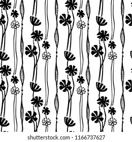 Seamless floral autumn pattern with clover. Simple botanical pattern. Fabric and textile line art. Black and white style.