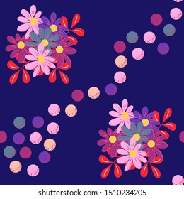 Seamless floral background with abstract cute flowers and geometric shapes. Vintage pattern in doodles art style. Design for cloth, wallpaper, gift wrapping. Print for silk, calico and home textiles