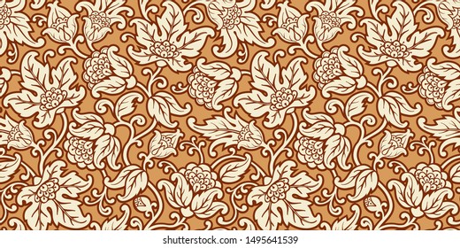 Seamless floral background. Abstract texture with flowers and leaves. Ornamental golden pattern.